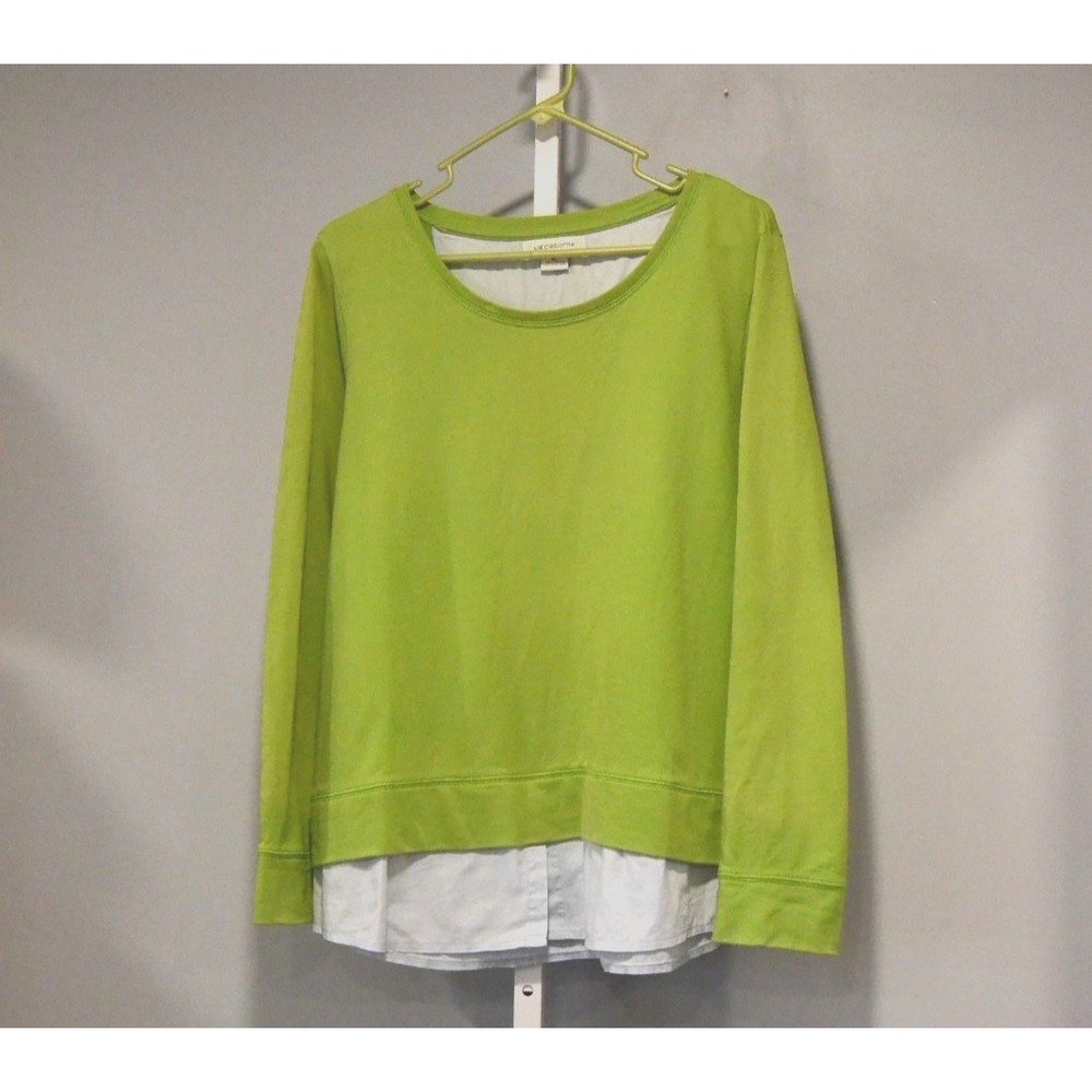 Liz Claiborne XL Bright Green Knit Top Faux Layered Blue Shirttail Cotton